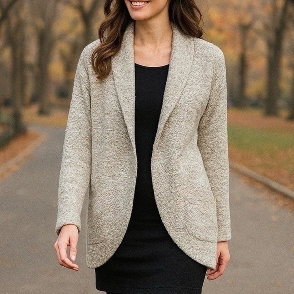 Talbots White/Black Metallic Gold Open Front Woven Cardigan Sweater